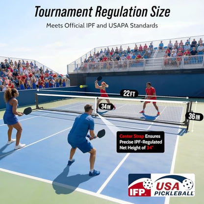 Tournament Pickleball Net, IFP/USAPA Standards 22FT Regulation Size, Rust-Resistant Aluminum Frame with Hand-Crank Tension System for Semi-Permanent or Mobile Court Use