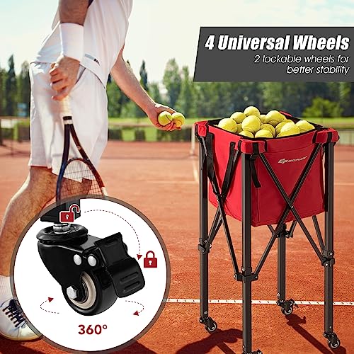 Goplus Foldable Tennis Ball Hopper, Lightweight Aluminum Tennis Ball Basket with Wheels, Removable Bag, Side Pockets, Carry Bag, Portable Sports Teaching Cart Holds 150 Tennis Balls