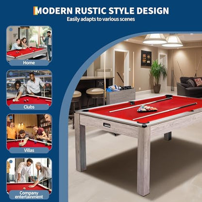 Garvee 7FT 3-in-1 Pool Table with Dining Top & Table Tennis, Multi Game Billiard Table Set with HDF Wood Grain Finish, Includes Cues, Balls, Ping Pong Paddles and Rolling Storage Caddy - color: Red