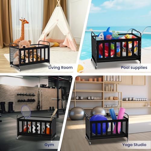 Ball Storage Bin Large with Wheels, Outdoor Ball Storage for Garage, Sports Equipment Organizer Storing Volleyball, Basketball, Toys, Soccer and Baseball