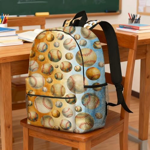 Baseball Backpack for Kids & Youth, 16 Inch Tennis-Themed School Bookbag, Lightweight Polyester Daypack with Front Zip Pocket, Side Bottle Pocket, Padded Adjustable Straps, Unisex - color: Baseball