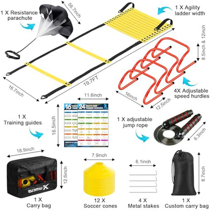 X-UMEUS Agility Ladder Speed Training Equipment Set-20ft Agility Ladder,12 Soccer Cones,4 Hurdles, Jump Rope, Running Parachute| Basketball Football Soccer Training Equipment for Kids Youth Adults - color: yellow