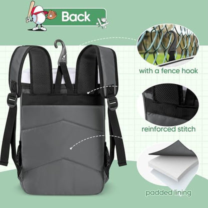 Smasrob Youth Baseball Bag for T Ball, Rec and Travel Ball, Softball Bag with Helmet Holder and Fence Hook - color: Gray