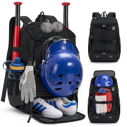 RAINSMORE Baseball Bag for Youth & Adult 40L Large Softball Bag Lightweight Baseball Backpack with Helmet Holder, Shoe Compartment, Fence Hook Waterproof Bat Bag for Baseball Softball Tball Equipment - color: Black