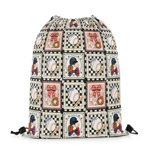 Castle Fairy Baseball Bow Drawstring Backpack Bag,Baseball Helmet String Bag Sackpack,Black White Checkered Water Resistant Backpack for Gym Shopping Sport Yoga,Black Pink - color: Black Pink