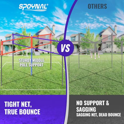 SPOYNAL 14FT 4 Way Volleyball Net Set, 4 Square Volleyball Game Set with Adjustable Height 7/5.3/3.5 FT, Outdoor Games for Backyard, Beach, Park with Volleyball & Carry Bag