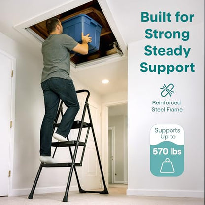 SereneLife 3-Step Ladder, Folding Step Stool for Adults, Wide Anti-Slip Pedal and Handrail, Sturdy Steel Build, 570 lbs Capacity, Portable Step Stool Ladder for Home and Office Use (Black) - size: 3 Step