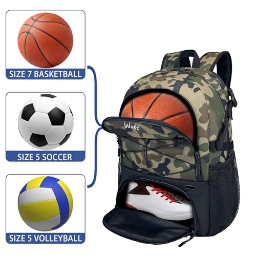 WOLT Basketball Backpack Large Sports Bag with Separate Ball Holder & Shoes Compartment, Best for Basketball, Soccer,Gym - color: camo green
