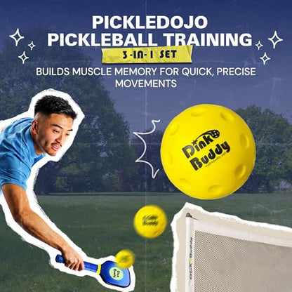 3-in-1 (with 1 Mini 6’ Wide Pickleball Net) & 2-in-1 Pickleball Trainer Options, Sports Gifts with 4 Kelso Balls (2 Trainer + 2 Standard), 2 PickleDojo Paddles, & 1 Drawstring Backpack - size: 3-in-1