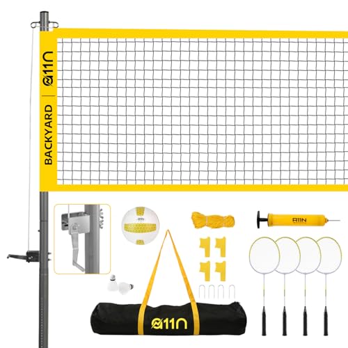 A11N SPORTS Outdoor Volleyball and Badminton Combo Set - Includes Adjustable Height Anti-Sag Net, Volleyball, Air Pump, 4 Badminton Rackets, 2 Shuttlecocks, Boundary Line Marker, and Carrying Bag - color: Yellow
