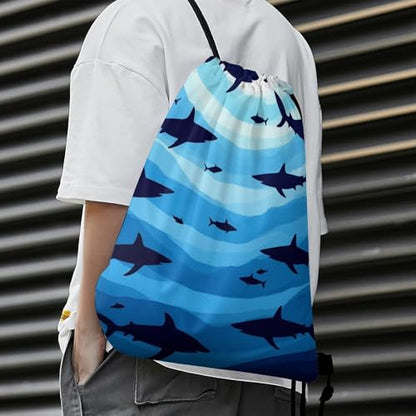 Lightweight Drawstring Sackpack Sports Backpack Waterproof for Gym Travel Hiking Men Women Durable Polyester, Sharks Fish Pattern Sky Blue Bags - color: Picture (756)