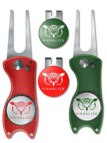 VISUALIZE Elite Switchblade Golf Divot Repair Tool Set with Ball Marker - Sturdy Anodized Aluminum - Perfect Golf Accessory Gift - color: Christmas