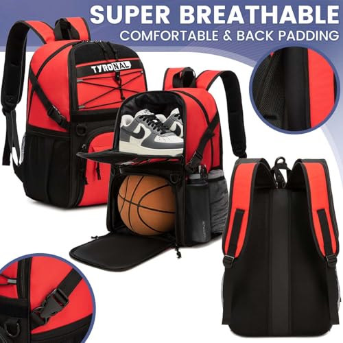 Basketball Bag Backpack with Ball Holder and Shoes Compartment,Best for Basketball, Soccer, Volleyball, Gym. (RED) - color: Red