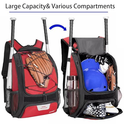 DAFISKY Baseball Bag Softball Backpack - Youth Adult T Ball Bat Equipment Bag with Bat Helmet Holders, Shoe Compartment - color: Red