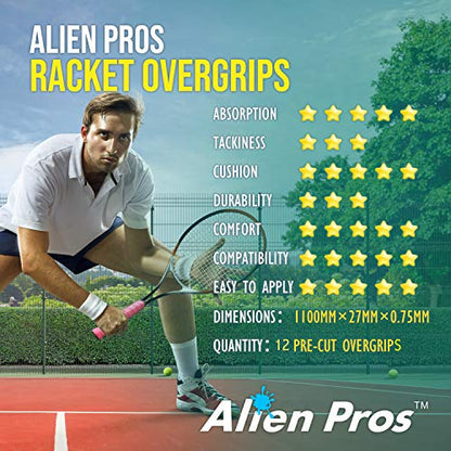 ALIEN PROS Tennis Racket Grip Tape - Precut and Dry Feel Tennis Grip - Tennis Overgrip Grip Tape Tennis Racket - Wrap Your Racquet for High Performance - color: 12-Pack Red