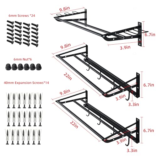Garage Sports Equipment Organizer Wall Mount - 3 Shelves Ball Rack Organizer and 4 S-Hooks for Easy Installation and Storage of Balls in Garages or Gyms Matte Black