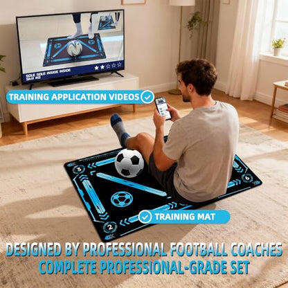 Premium Soccer Training Mat with Video Guide - Non-Slip Soccer Footstep Practice Pad for Indoor & Outdoor - Ultimate Ball Control Equipment to Improve Dribbling Skills - color: blue-black