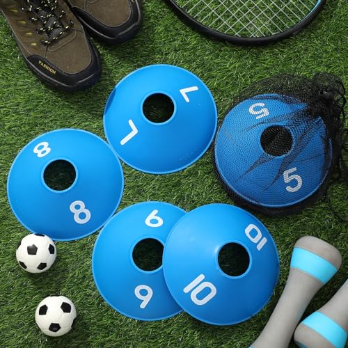 10 Pcs Numbered Sports Disc Cones 1-10 Soccer Cones with Mesh Carry Bag Flexible Agility Cones Soft Field Cones for Gym PE Classes School Activities Games, Sports Training Equipment - color: Blue