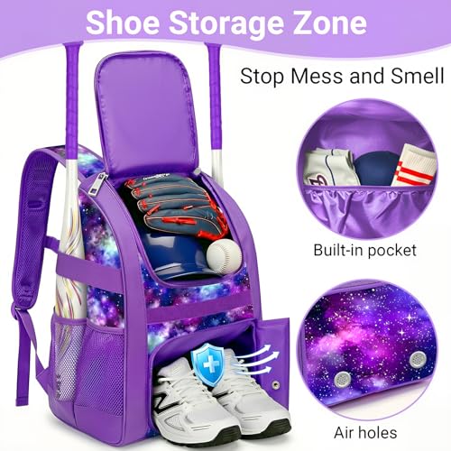 Youth Baseball Bag - Softball Bag for Girls & Boys with Shoes Compartment, Bat Backpack for Baseball, T-Ball & Softball Equipment - color: Starry Sky-Purple