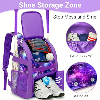 Youth Baseball Bag - Softball Bag for Girls & Boys with Shoes Compartment, Bat Backpack for Baseball, T-Ball & Softball Equipment - color: Starry Sky-Purple