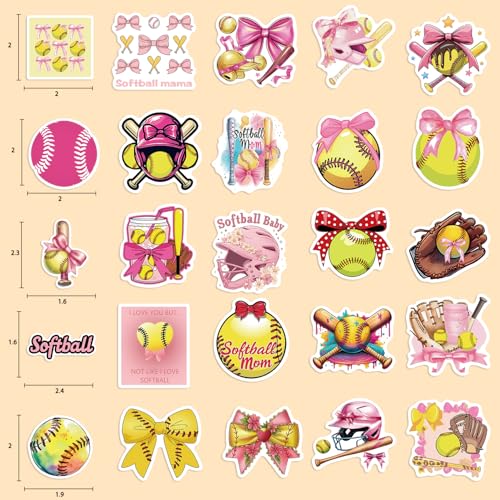 50PCS Pink Coquettte Bows Softball Stickers, Cute Motivational Vinyl Waterproof Stickers for Water Bottles,Helmets, Luggage, Teaching Incentives, Softball Gifts for Girls Kids, Teens and Adults