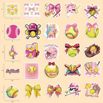 50PCS Pink Coquettte Bows Softball Stickers, Cute Motivational Vinyl Waterproof Stickers for Water Bottles,Helmets, Luggage, Teaching Incentives, Softball Gifts for Girls Kids, Teens and Adults
