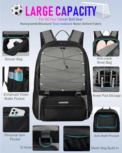 LOINTET Youth Soccer Bag, Soccer Backpack with Ball Compartment, Sports Equipment Training Bags Fits Basketball Football Volleyball and Accessories, Black - color: Grey