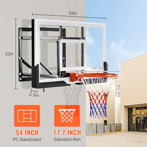 Wall Mount Basketball Hoop,54 inchs hatterproof PC Backboard Basketball Goal with 6.5FT-10FT Height Adjustable,Professional Grade Breakaway Rim and Steel Reinforced Wall Mount Built.