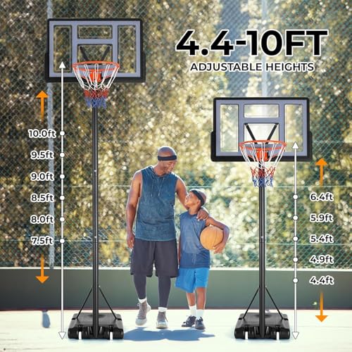 4.4-10ft Adjustable Height Basketball Hoop Outdoor, Portable Basketball Goal, 44in Shatterproof Backboard, Fillable Base, 2 Portable Wheels for Backyard/Indoor, for Kids/Teenagers/Adults