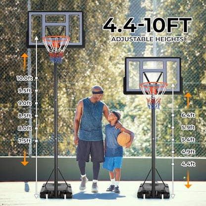 4.4-10ft Adjustable Height Basketball Hoop Outdoor, Portable Basketball Goal, 44in Shatterproof Backboard, Fillable Base, 2 Portable Wheels for Backyard/Indoor, for Kids/Teenagers/Adults