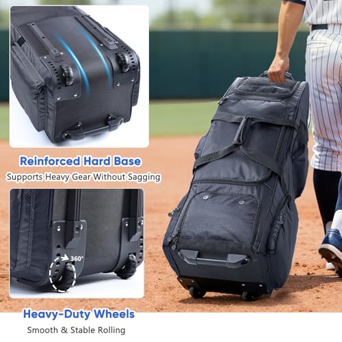 Large Rolling Baseball Catchers Gear Bag with Wheels, Softball Bag with Hard Backing for 4 Bats,Equipment Bag with Separate Shoe & Helmet Compartments, Youth Baseball Bag with 360° Spinner Wheels - color: Black, size: Style B - Heavy-Duty Rolling Base