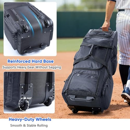 Large Rolling Baseball Catchers Gear Bag with Wheels, Softball Bag with Hard Backing for 4 Bats,Equipment Bag with Separate Shoe & Helmet Compartments, Youth Baseball Bag with 360° Spinner Wheels - color: Black, size: Style B - Heavy-Duty Rolling Base