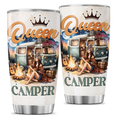 Queen of the Camper Gift 20oz Stainless Steel Tumbler, Insulated Coffee Travel Mug with Girl and Van Artwork, Camper Themed Outdoor Adventure Cup for Women, Camping Enthusiasts - color: Camping Lover