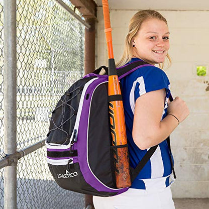 Athletico Baseball Bat Bag - Backpack for Baseball, T-Ball & Softball Equipment & Gear for Youth and Adults | Holds Bat, Helmet, Glove, & Shoes |Shoe Compartment & Fence Hook - color: Purple