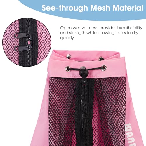 WANDF Swim Bag Mesh Drawstring Backpack Beach Backpack for Swimming, Gym, and Workout Gear - color: Pink With Wet Pocket