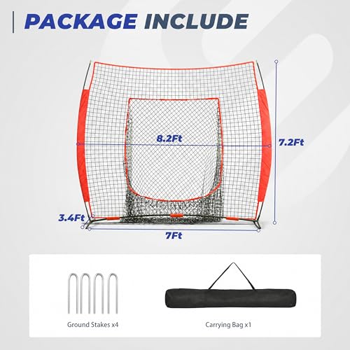 7 x 7 ft Baseball Net, Baseball Softball Batting Net for Practice Hitting Pitching Fielding, Quick Setup, Portable, with Carry Bag, 4 Ground Stakes - color: Red