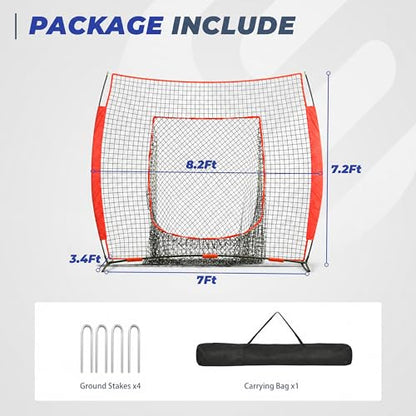 7 x 7 ft Baseball Net, Baseball Softball Batting Net for Practice Hitting Pitching Fielding, Quick Setup, Portable, with Carry Bag, 4 Ground Stakes - color: Red