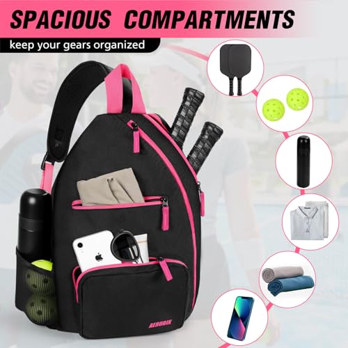 AEROBIX Pickleball Bag for Women & Men, Pickle Ball Backpack - Upgraded Zippers, Large Capacity, Padded Paddle Pocket, Adjustable Sling Bag (No Accessories) - color: PINK