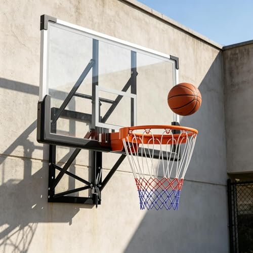 48 Inch Wall Mounted Basketball Hoop, Shatterproof Backboard with Rim, Adjustable Height Hand Crank Goal, Indoor & Outdoor with Adjustable Height, Classic Basketball Court, Teens, Adults, Schools, Pa