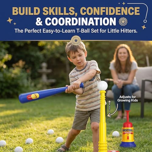 T Ball Stand for Kids and Toddlers 1-3, 3-5, 5-8. Baseball Set Includes 6 Large Balls, an Adjustable Tball Batting Tee, and a Pitching Machine. Kids Bat and Ball, T-Ball Sets for Kids