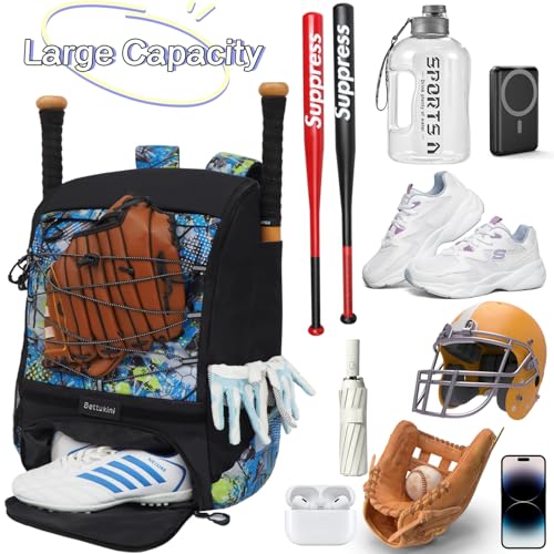 Baseball & Softball Bat Bag For Youth Adults, Sports Equipment Backpack with Shoe Compartment, Fence Hook, Bat Holder, Helmet, Baseball Glove, Big Size & Lightweight