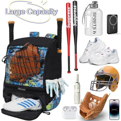Baseball & Softball Bat Bag For Youth Adults, Sports Equipment Backpack with Shoe Compartment, Fence Hook, Bat Holder, Helmet, Baseball Glove, Big Size & Lightweight