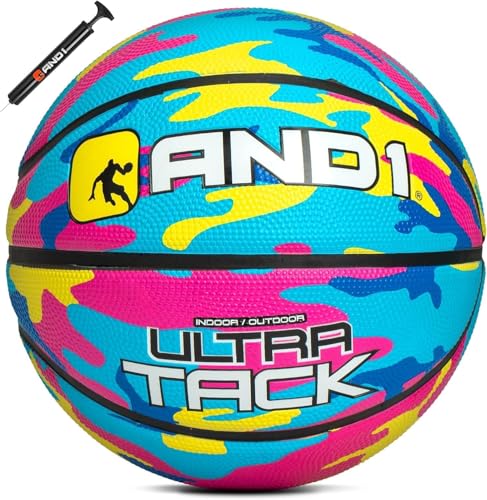 AND1 Ultra Grip Basketball: Official Regulation Size 7 (29.5 inches) Rubber- Deep Channel Construction Streetball, Made for Indoor Outdoor Basketball Games - color: Pink/Yellow