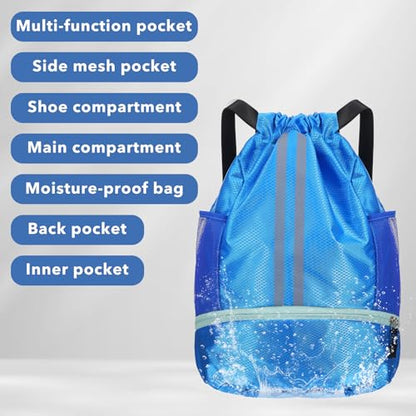 Drawstring Gym Bag with Shoe Compartment and Side Mesh Pockets, Waterproof Sports Drawstring Backpack, Wet and Dry Separation String Backpack for Women Men, Suitable for Fitness, Swimming, Football