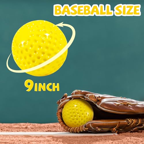 12 Pack Yellow Dimpled Baseballs, 9-Inch Pitching Machine Baseballs for Hand-Eye Coordination, Hitting and Fielding Practice