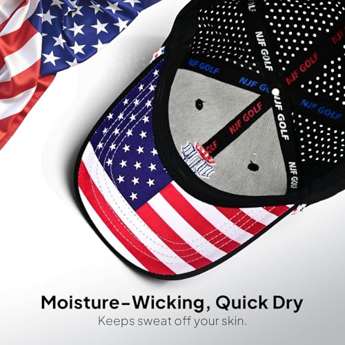 NJF Golf Hat Men - Breathable Mens Golf Hats, Adjustable Rope Hook and Loop Style Cap, Convenient Cap with Tee Holder - color: Njf Us Flag Black