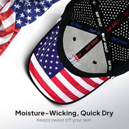 NJF Golf Hat Men - Breathable Mens Golf Hats, Adjustable Rope Hook and Loop Style Cap, Convenient Cap with Tee Holder - color: Njf Us Flag Black