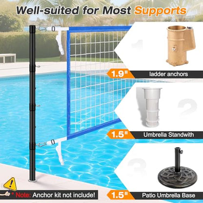 AugFir Inground Pool Volleyball Net Set, Adjustable Length & Height Pool Volleyball Net, Compatible with 3 Universal Ground-Mounted Bases, Includes 2 Glow-in-the-Dark Inflatable Pool Volleyballs