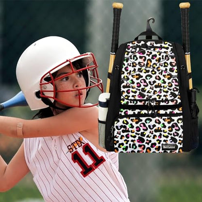 Youth Baseball Bag with Vented Shoe Compartment, Softball Bat Bag for Batting Mitten, Helmet, Teeball Gear - Adult Boys Girls Kids - color: Color Leopard