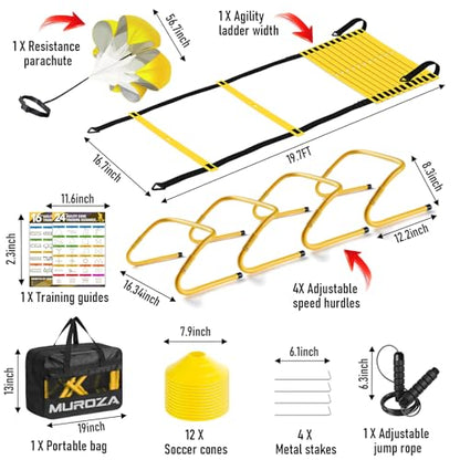 Agility Ladder & Soccer Goal Training Set, 20ft Speed Ladder with Cones, Hurdles, Jump Rope & Parachute, Plus 2 Pack Pop Up Kids Soccer Goals with Ball & Cones for Backyard Sports Practice